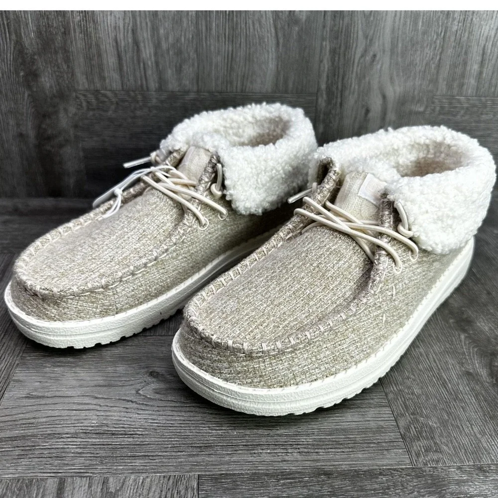 Hey Dude Wendy Fold Y Brushed Cozy Kids J2 Ivory Sherpa Moccasin NEW